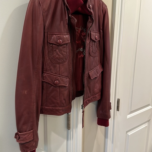 Flora Smith burgundy leather bomber jacket size 42 - Picture 4 of 11